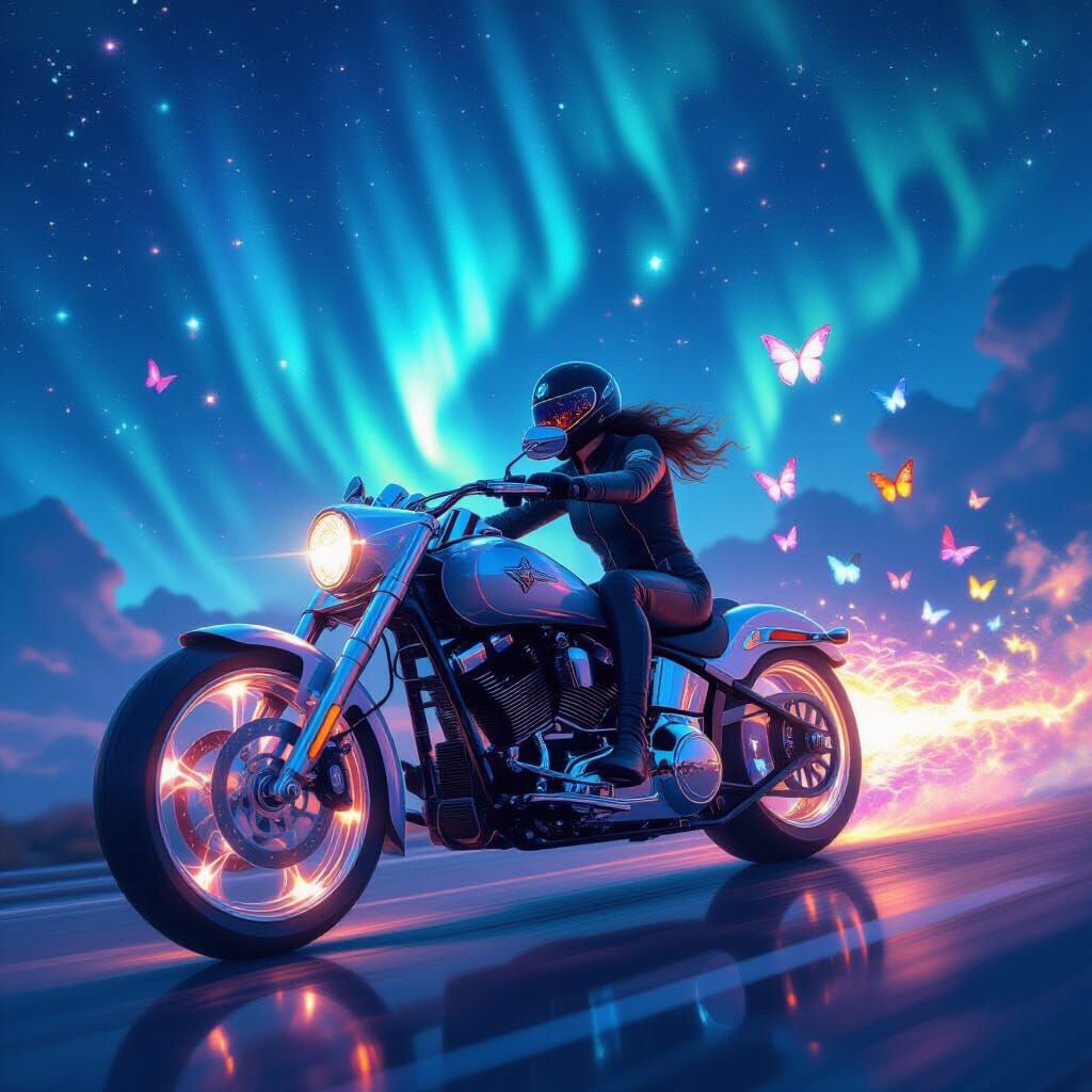 Gemstone Motorcycle Soaring Through Aurora Sky