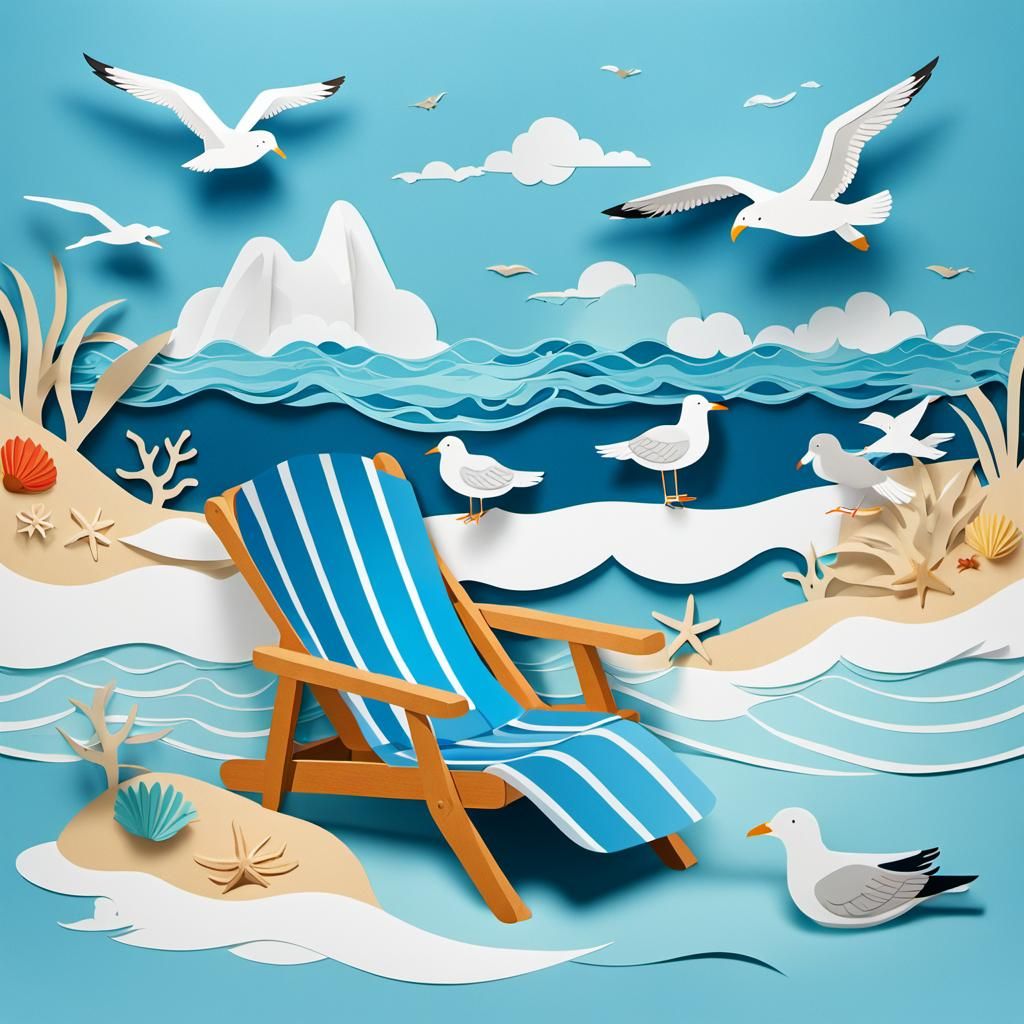 A beach chair by the sea with a seal, seagull, sea waves, bl...