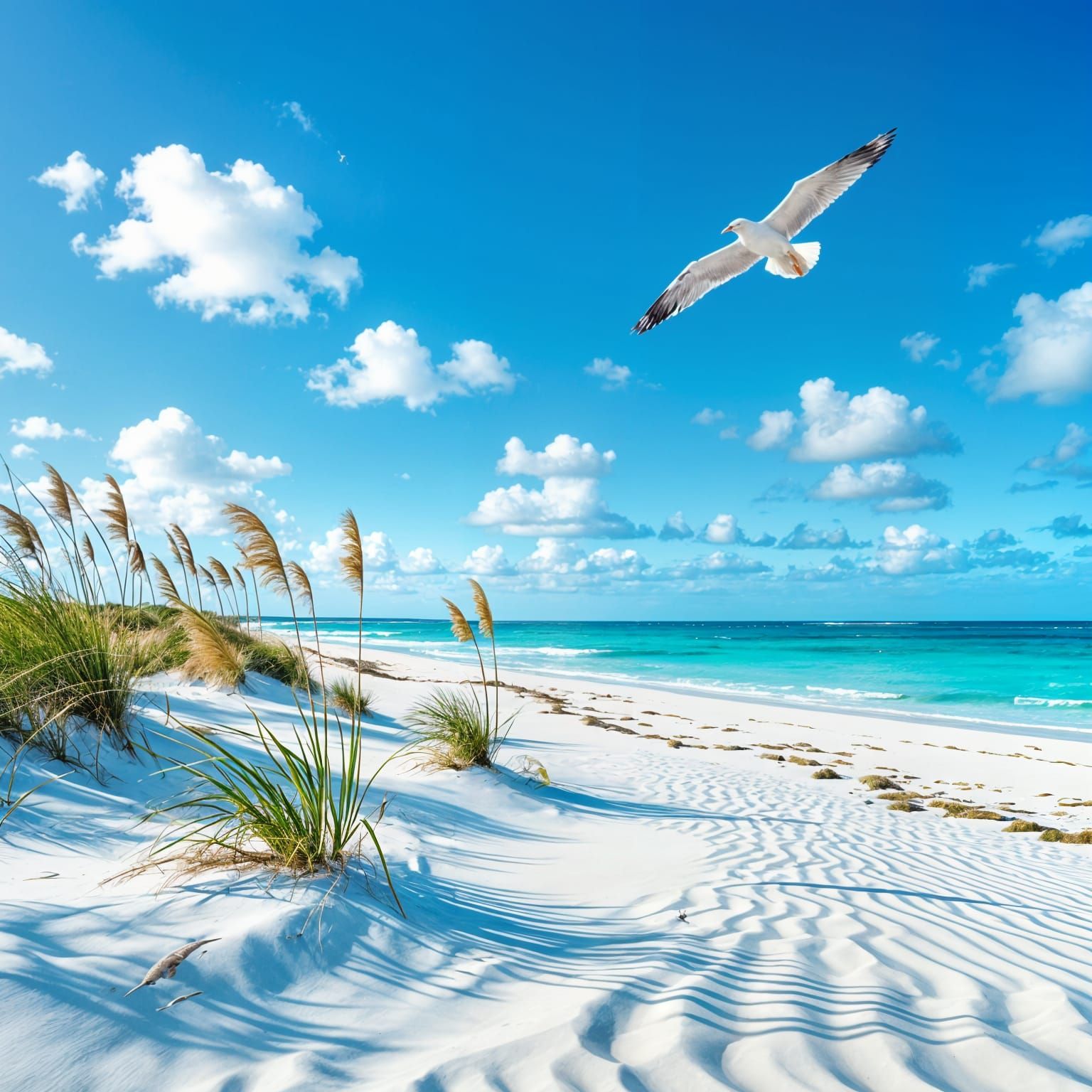 Sand Dunes sea grass and a tropical sea with a lone seagull flying in the the blue sky   by @Lou