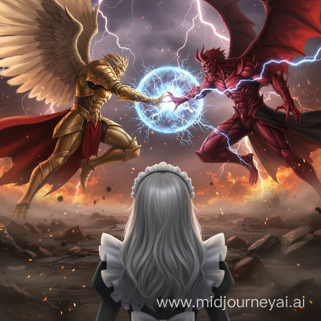 Hyperphotorealistic face Real life style grayfia lucifuge watching the fight between her handsome nigh omnipotent hero male husband facing o... - Start Image 2