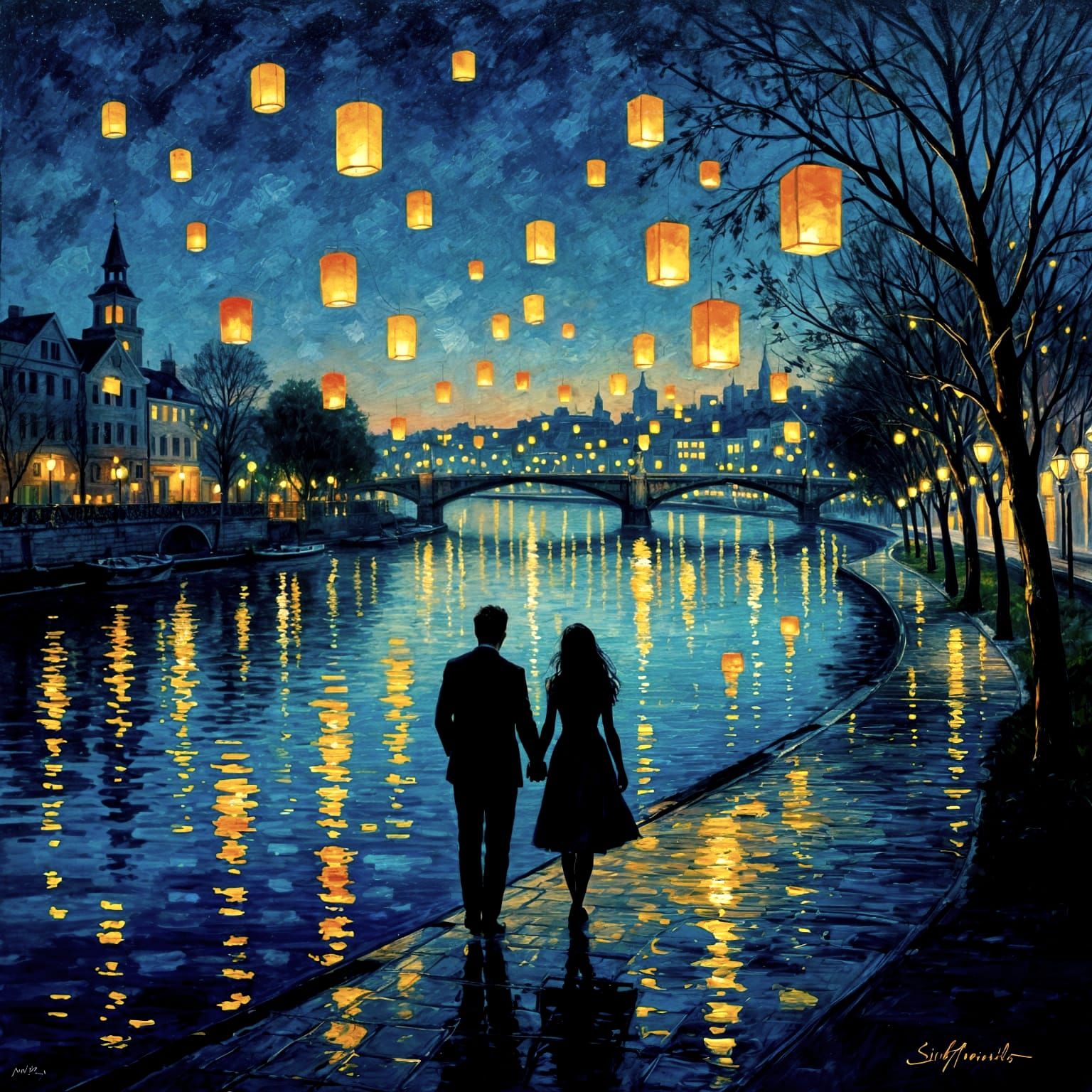 A couple walks hand-in-hand along a riverbank at night, illuminated by dozens of floating paper lanterns ...  by @Inkspire