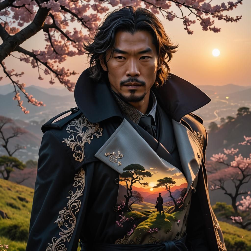 mysterious Man sophisticated long Trench Coat blowing in the...