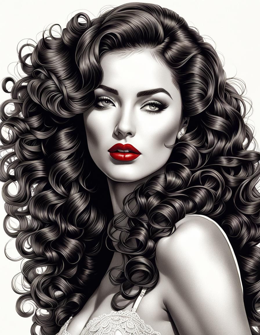 Pinup Girl etching Brunette with long, curly hair, red lipstick, pretty,  hyperdetailed 8K resolution - AI Generated Artwork - NightCafe Creator