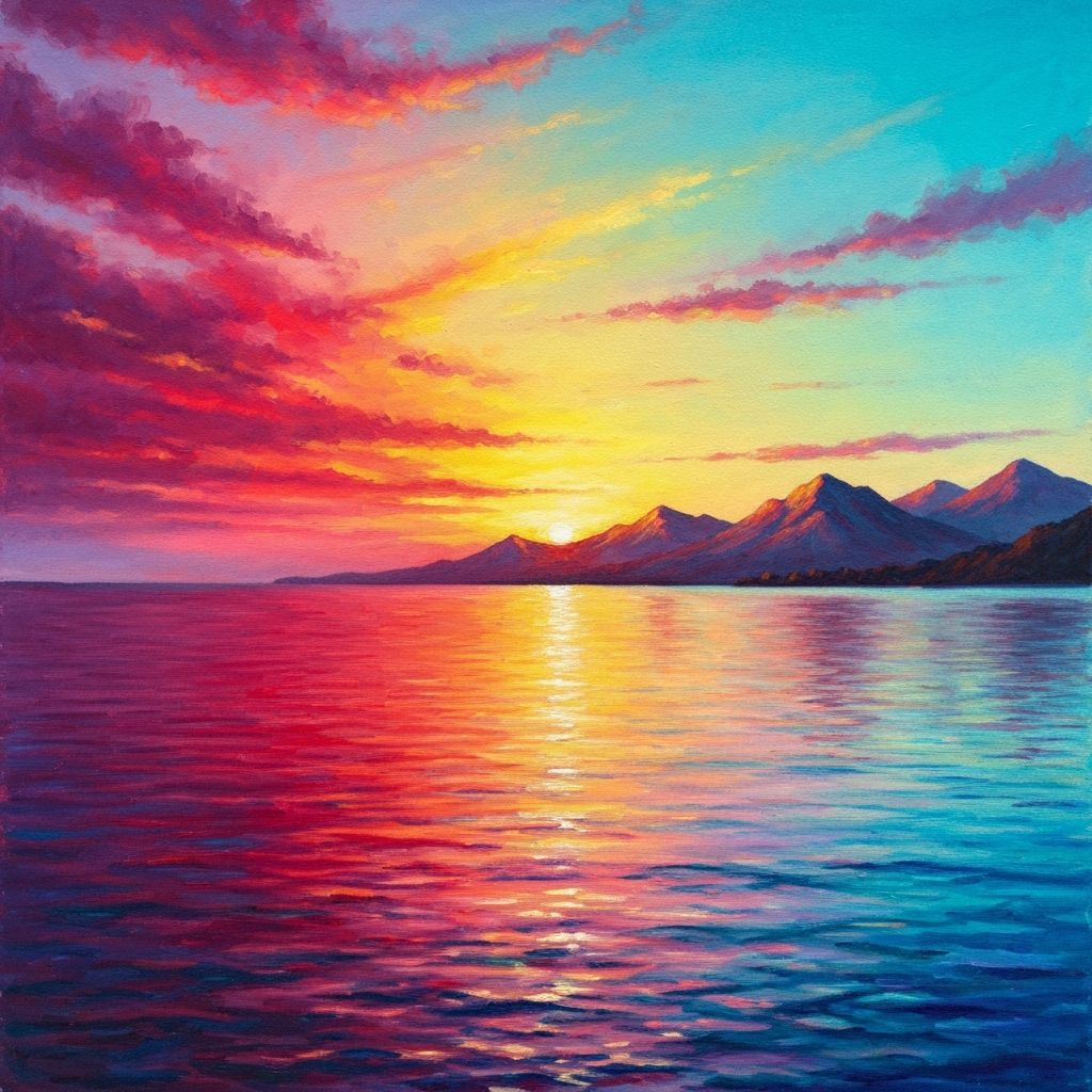 Vibrant Seascape at Sunset in Oil and Watercolor