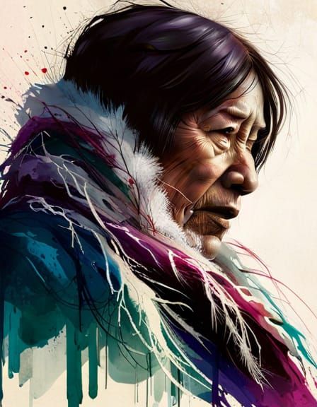 Detailed Inuit Woman Portrait in Northern Lights