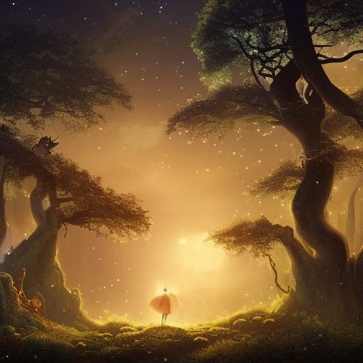 A fairytale landscape of a dark forest with a starry night h...