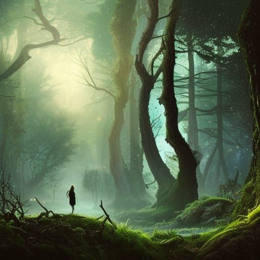 A fairytale landscape of a dark forest with a starry night h...