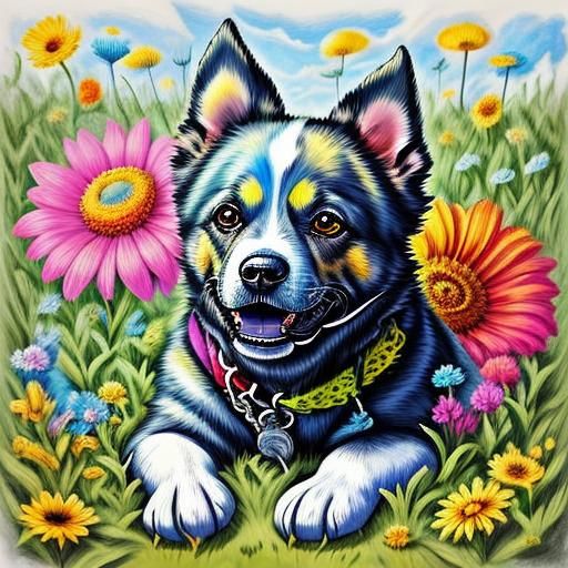 A surreal drawing <lora:Daughters of Chaos:1.0> of a dog in a flowery field