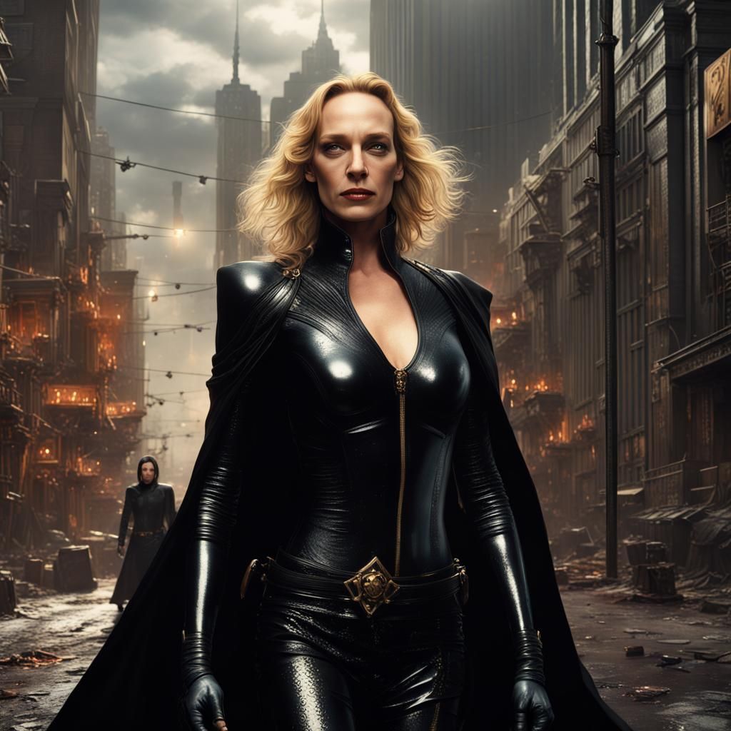 Uma Thurman dressed in black latex. She is the Empress of Arda. She ...