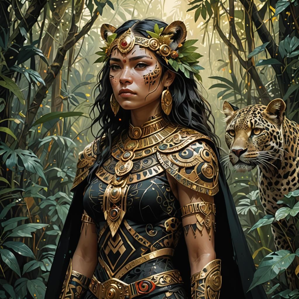 female aztec warrior leopard, standing in the jungle, wearing a black cape, golden outlines, highly detailed, intricate motifs, organic trac...