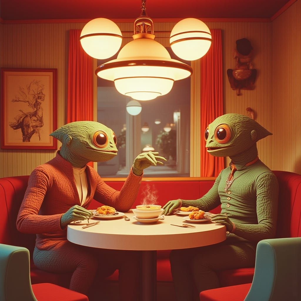 <lora:Pink Room Flux:1.0>
<lora:No Coffee 4 Androids:1.0>
Surreal scene from a candid 70s Technicolor sitcom.
Two aliens on a date in a fanc...