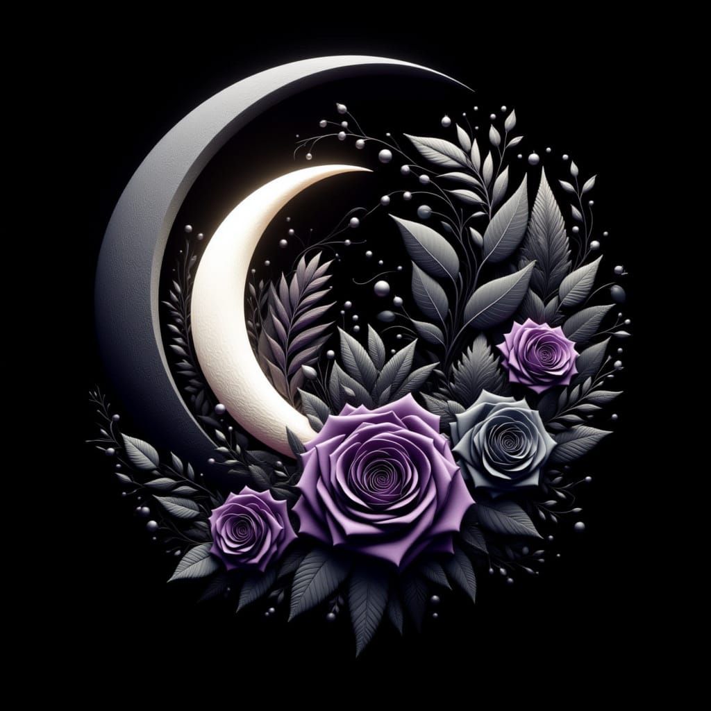 <lora:Mrs H-Crescent Moons:1.0> Create a beautiful white crescent Moon with black and purple roses in Ying Yang style, black background,