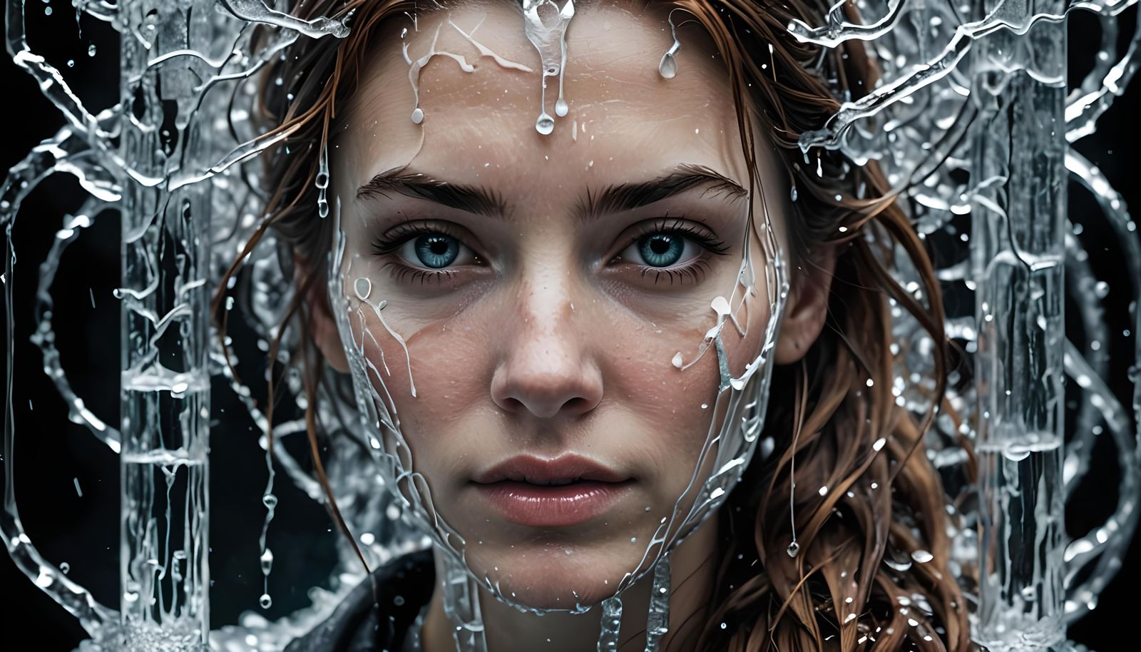 minimalistic liquid water girl face frozen still, portrait, ...