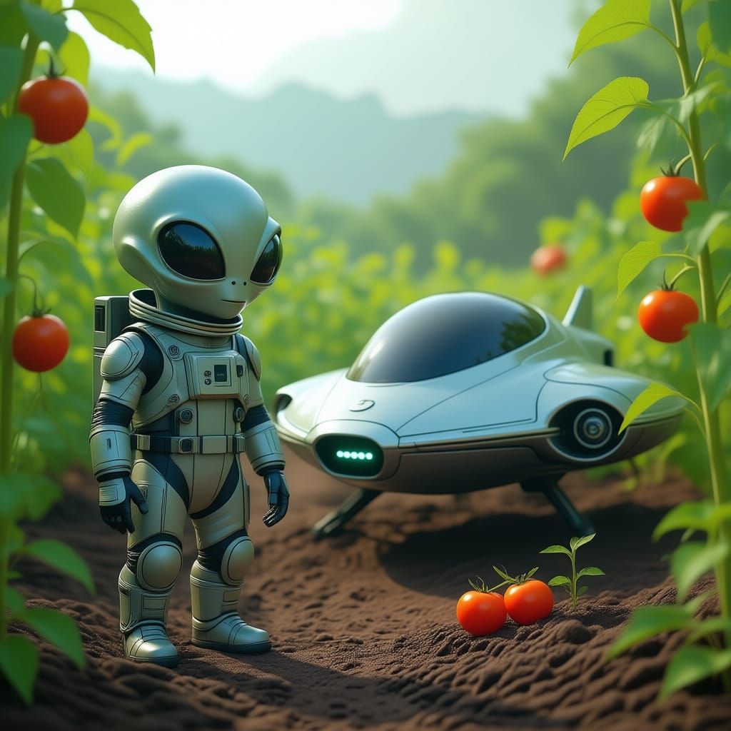 Create an image of an grey alien with big eyes dressed as an astronaut near his ship who landed in a vegetable garden.
Digital Art, realistic