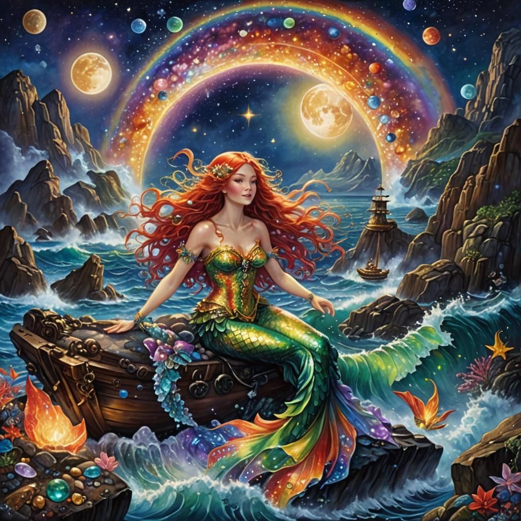 Ethereal Mermaid Siren Singing in the Moonlight