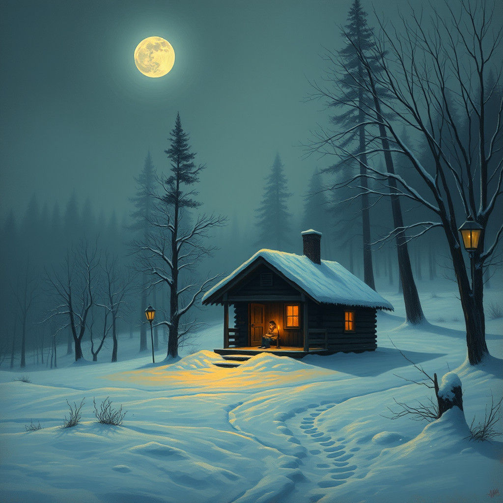 Winter Cabin Scene in Romanticist Style