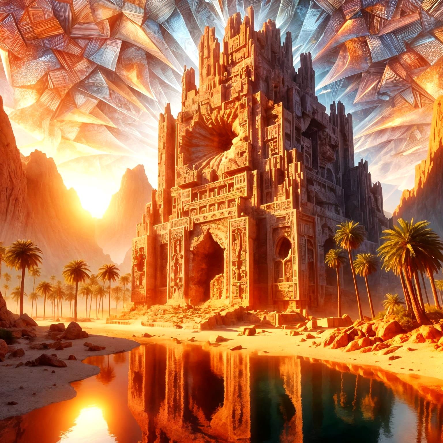 Alien desert oasis and strange sandstone tower