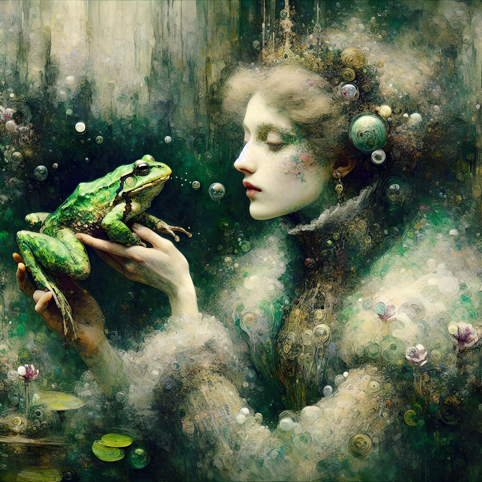 Princess and Frog in Watercolor Impasto Style