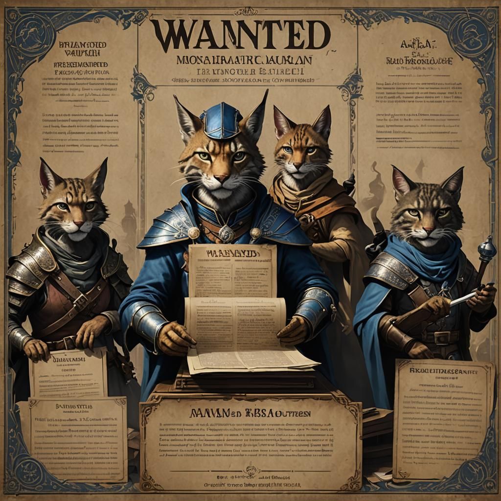 A wanted poster, declaring 5 individuals, a Tabaxi, Dogfolk,...