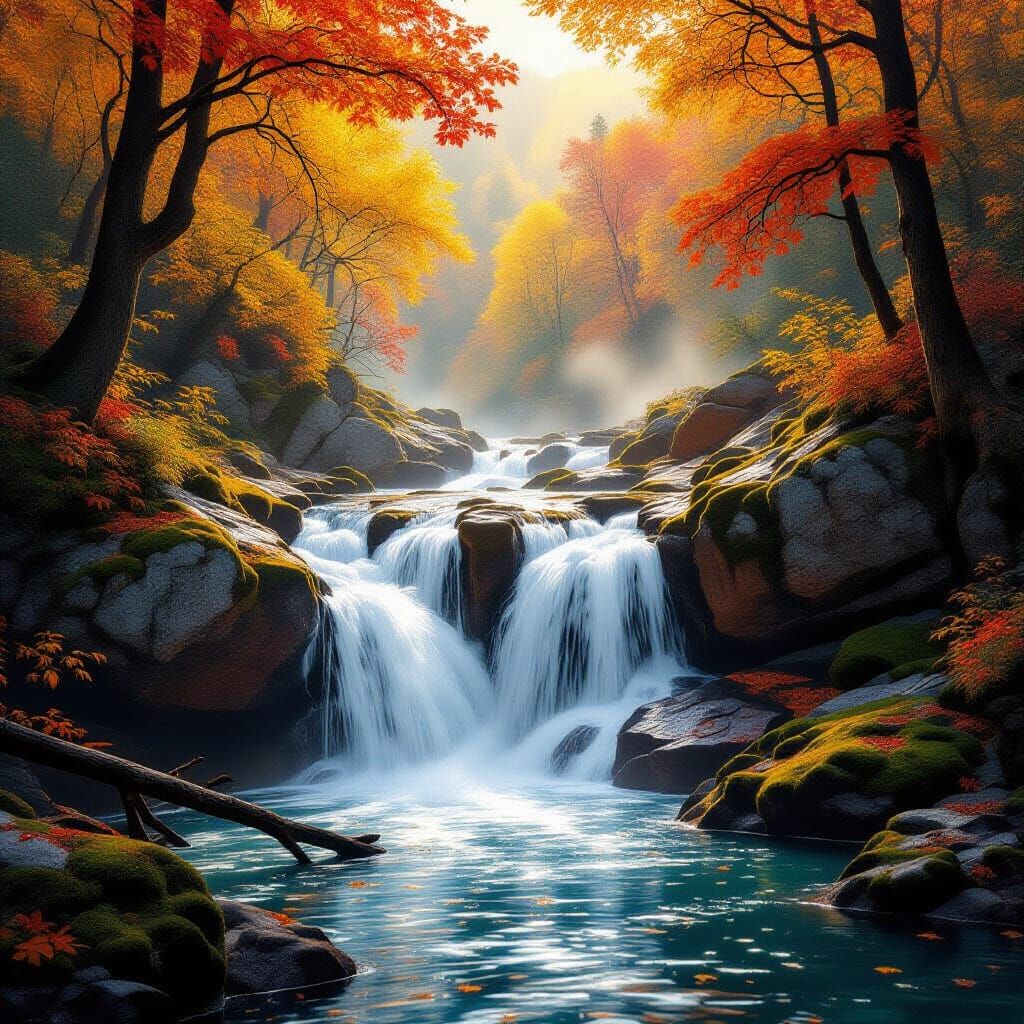 Vibrant Autumn Waterfall in Mountain Forest Digital Art