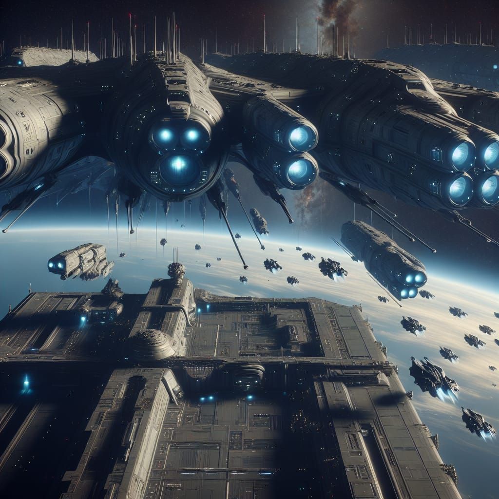 A fleet of massive capital spaceships hovers above a sprawli...