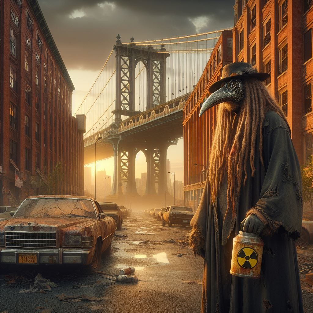 ⛽️🧙‍♂️🎓🕊️☢️☁️ postapocalyptic scene of Manhattan Bridge from abandoned Brooklyn street, rasta plague doctor with drea...
