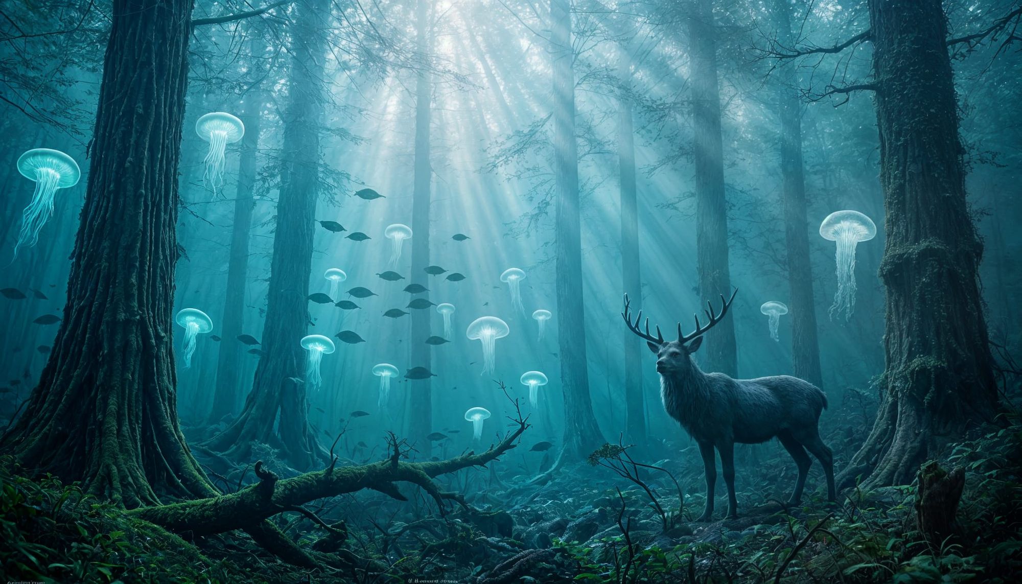 A foggy forest mysteriously submerged underwater, shafts of sunlight piercing through the surface and refracting across tall trees swaying l...