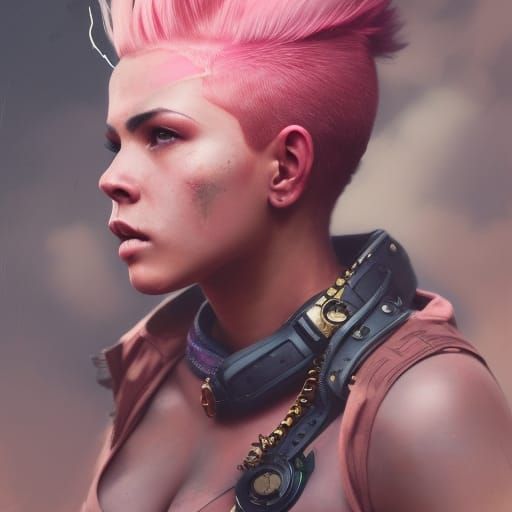 Undercut woman boxer with pink hair steampunk hero by Greg Rutkowski ...