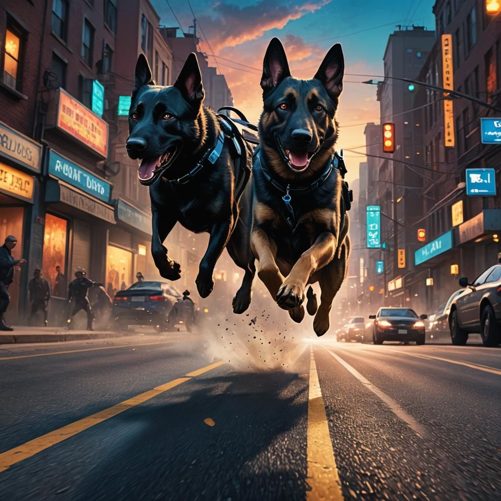 police dogs chasing a suspect down a road