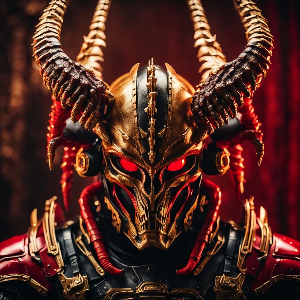 Alien Warrior in Red and Gold Armor: Cinematic Film Still