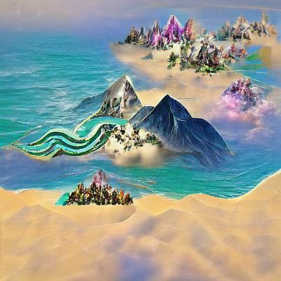 infinite dream-beach with impossible mountains and civilizat...