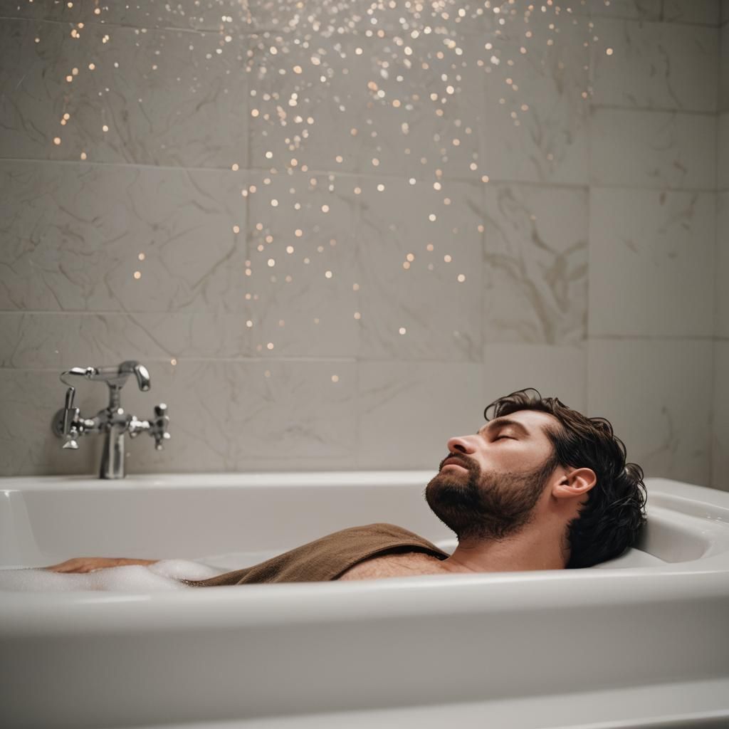 A man napping in the bathtub, immersed in thoughts that he d...