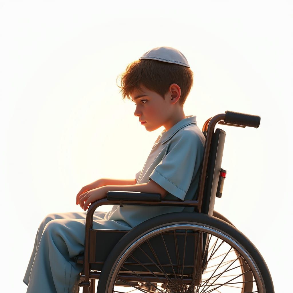 Young Boy in Hospital Gown, Worried in a Wheelchair, with a...