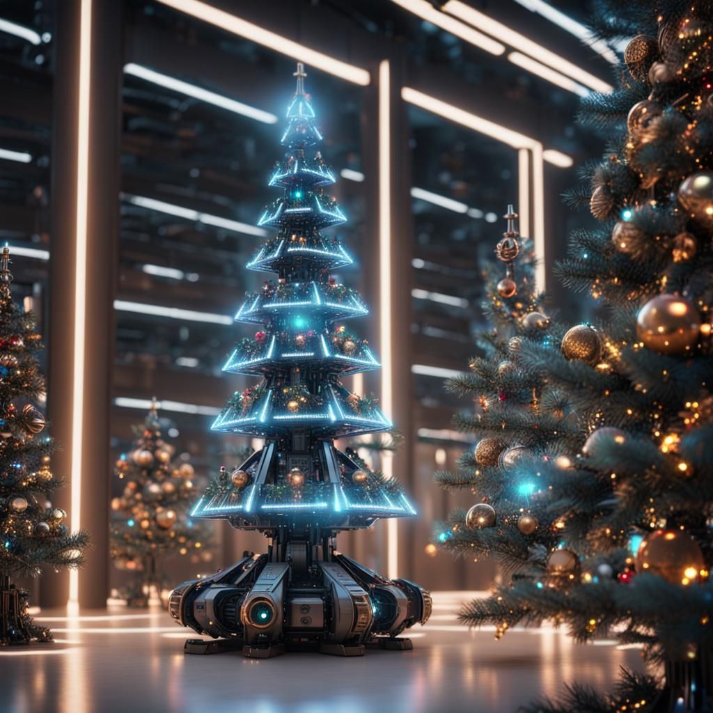 Robotic Christmas tree, with a lot of leds, sparkles, back lit, with a robots family declaring it. Intricate ...  by @Kickoff 