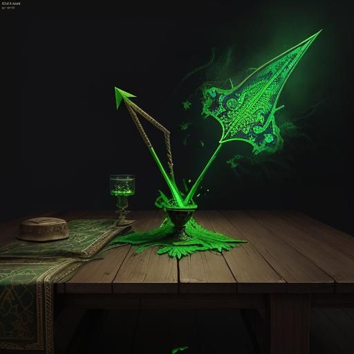 Medieval arrow with green poision dripping from it on wooden...