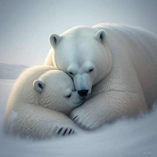 Cozy Polar Bears Huddle Under Blanket in Digital Painting