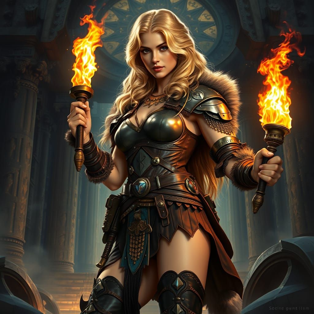 hyperrealistic, beautiful woman, female warrior, intricate blonde wavy hair, intricate leather and metal armor dress, colorful details, knee...