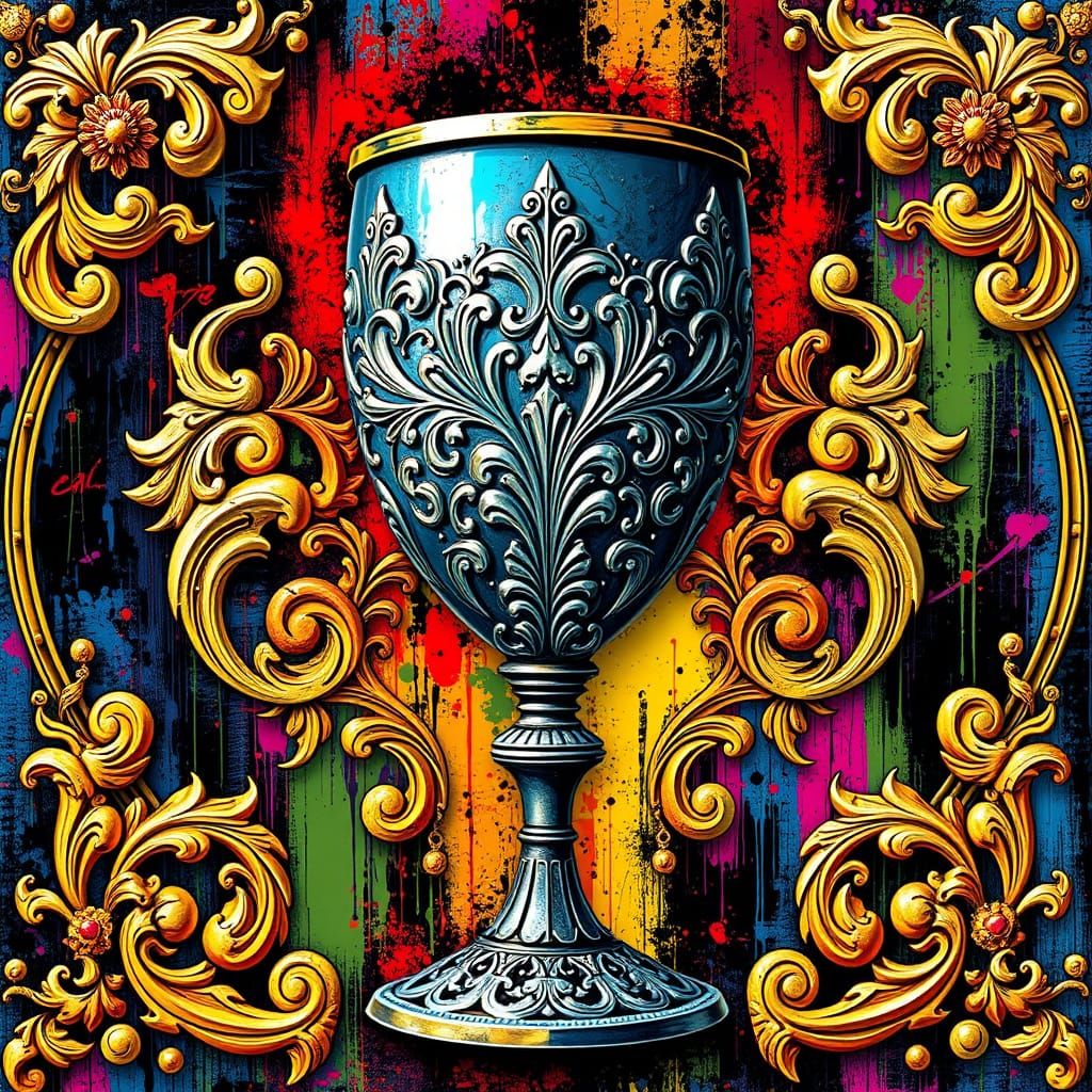 Vibrant Graffiti Masterpiece with Intricate Royal Goblet Com...