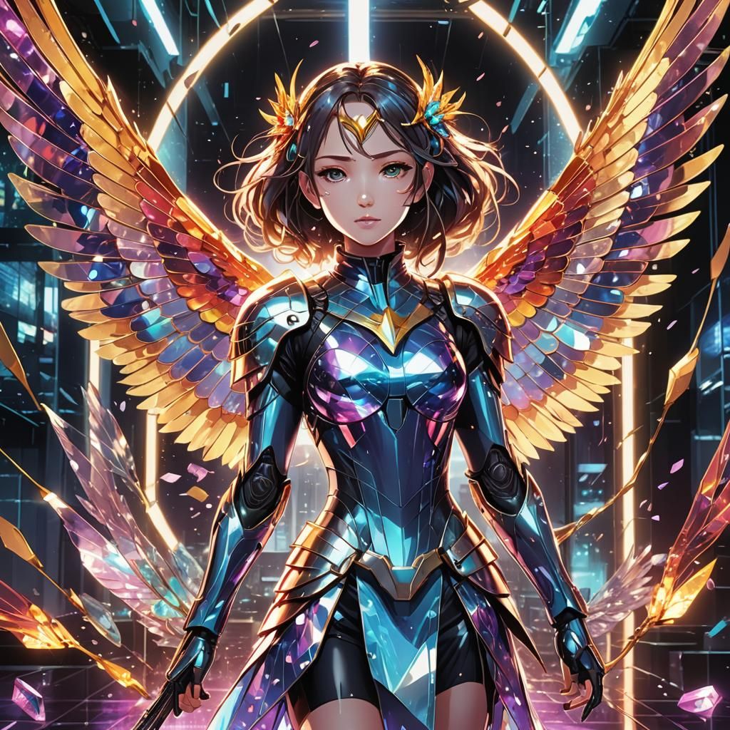 Anime Girl with Mockingjay Wings in High-Tech Facility