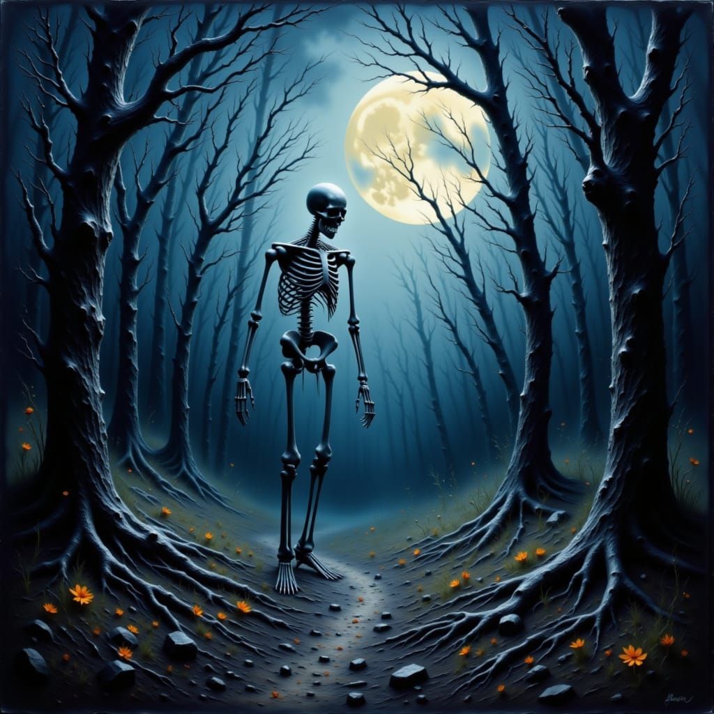 <lora:Gothic Halloween 1-1:1.0> Skeletons dancing in a moonlit glade