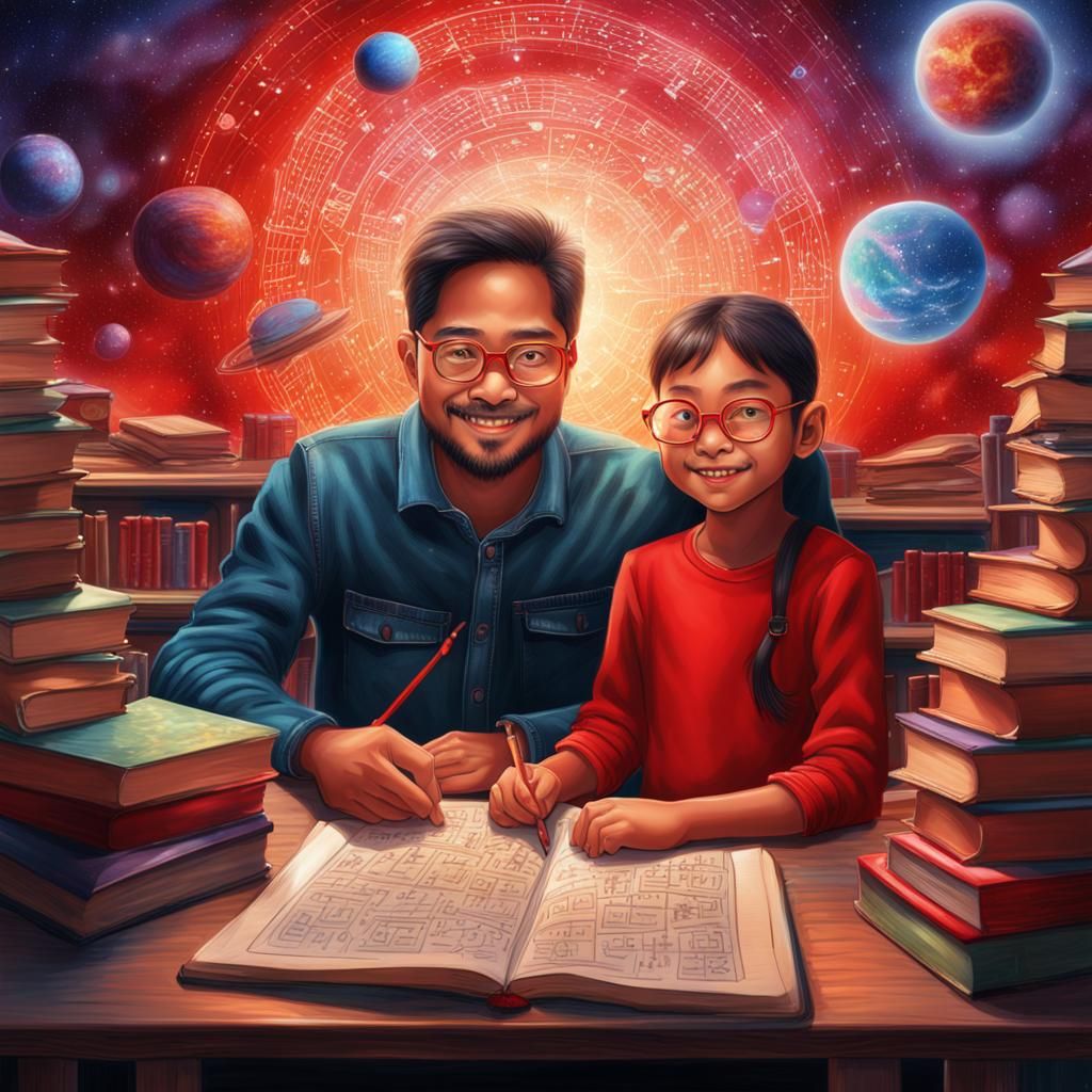 An asian 6 years old girl in red glasses and a 30 years old ...