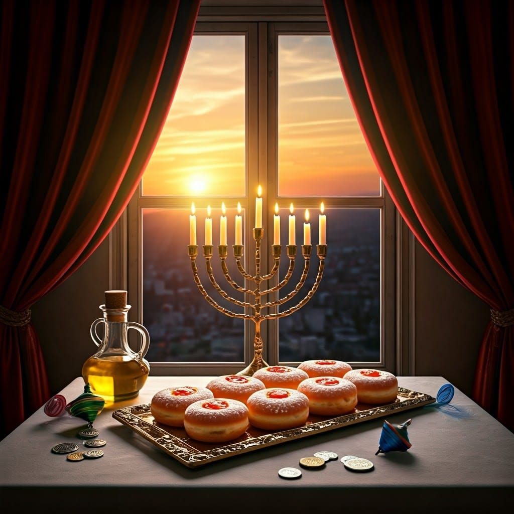 Warm Sunset Hanukkah Gathering with Golden Menorah and Sweet...