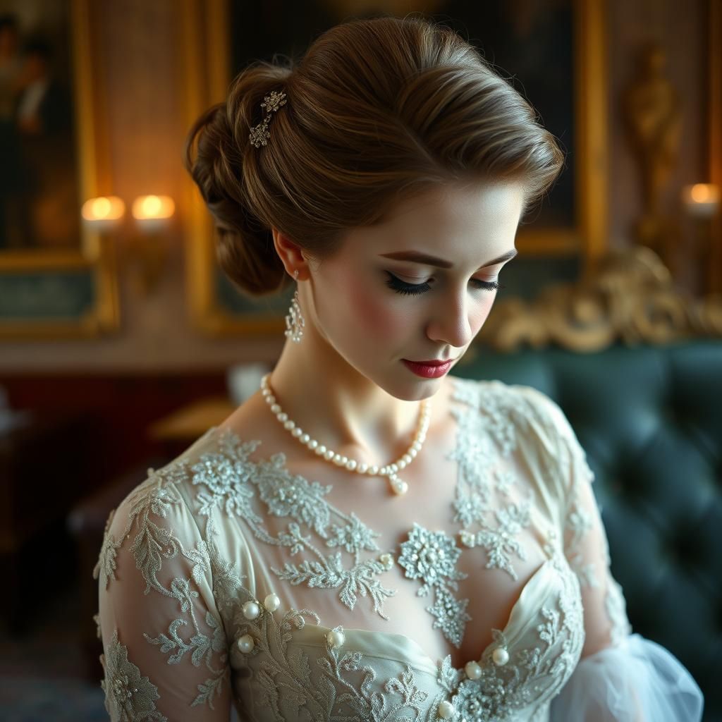 Regency Socialite in Embellished Gown: A Timeless Portrait