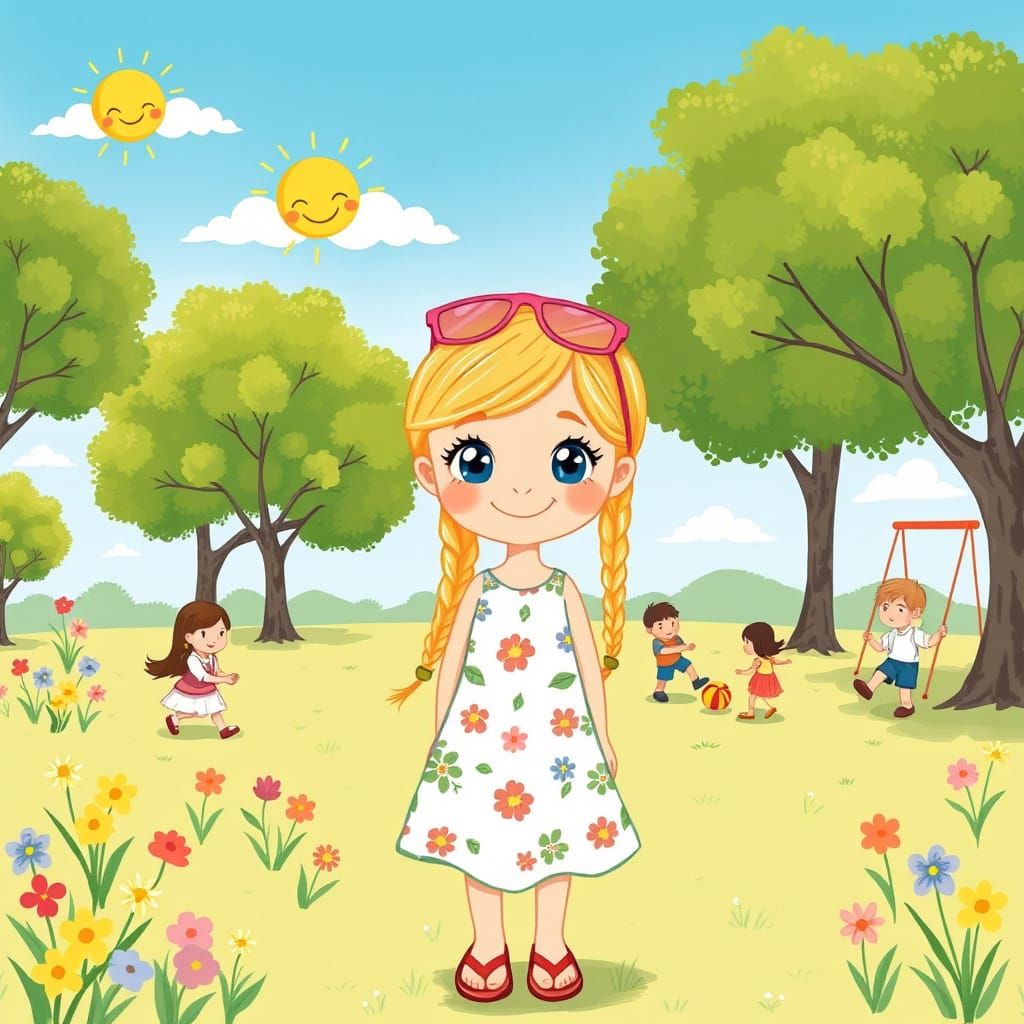 Blonde Girl Smiles in Sunny Park Scene