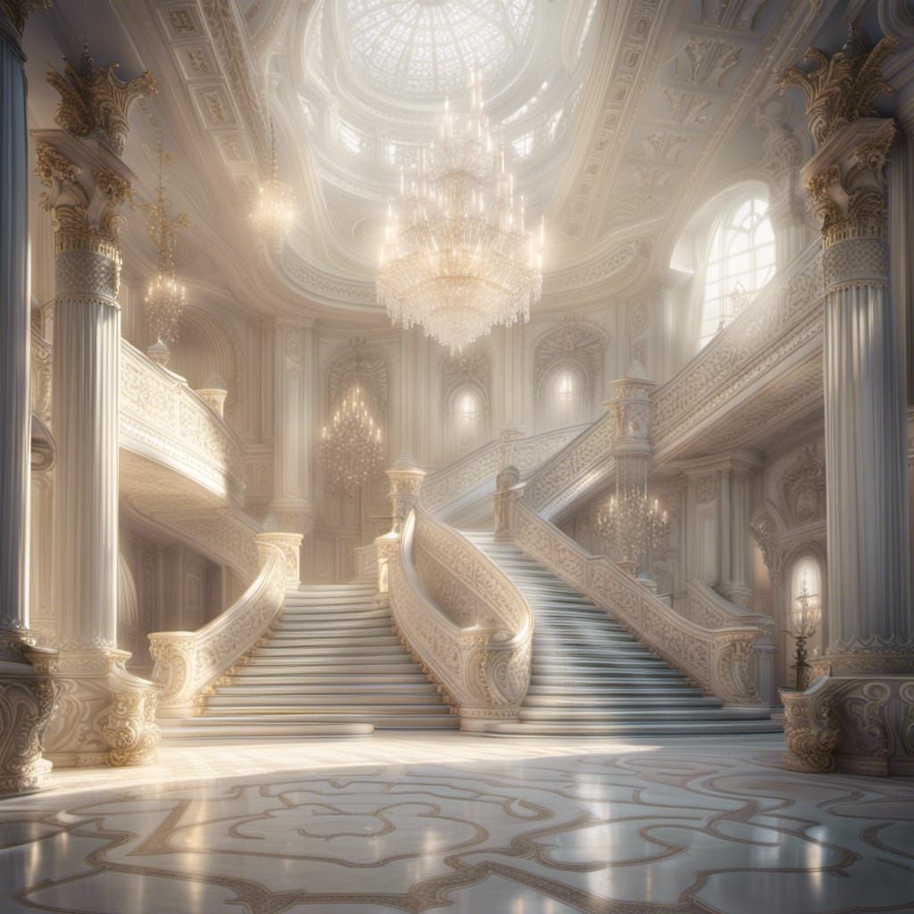 A luxurious royal in light whitepalace with white stairs in ...
