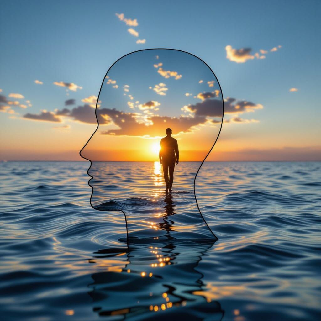 Transparent Human Figure Reveals Sunset Ocean