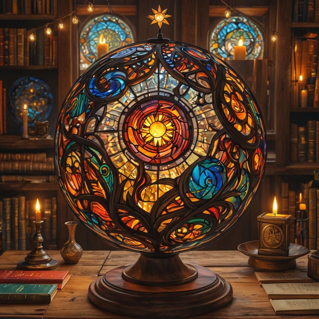 Glowing Stained Glass Sphere in Maximalist Fantasy Art