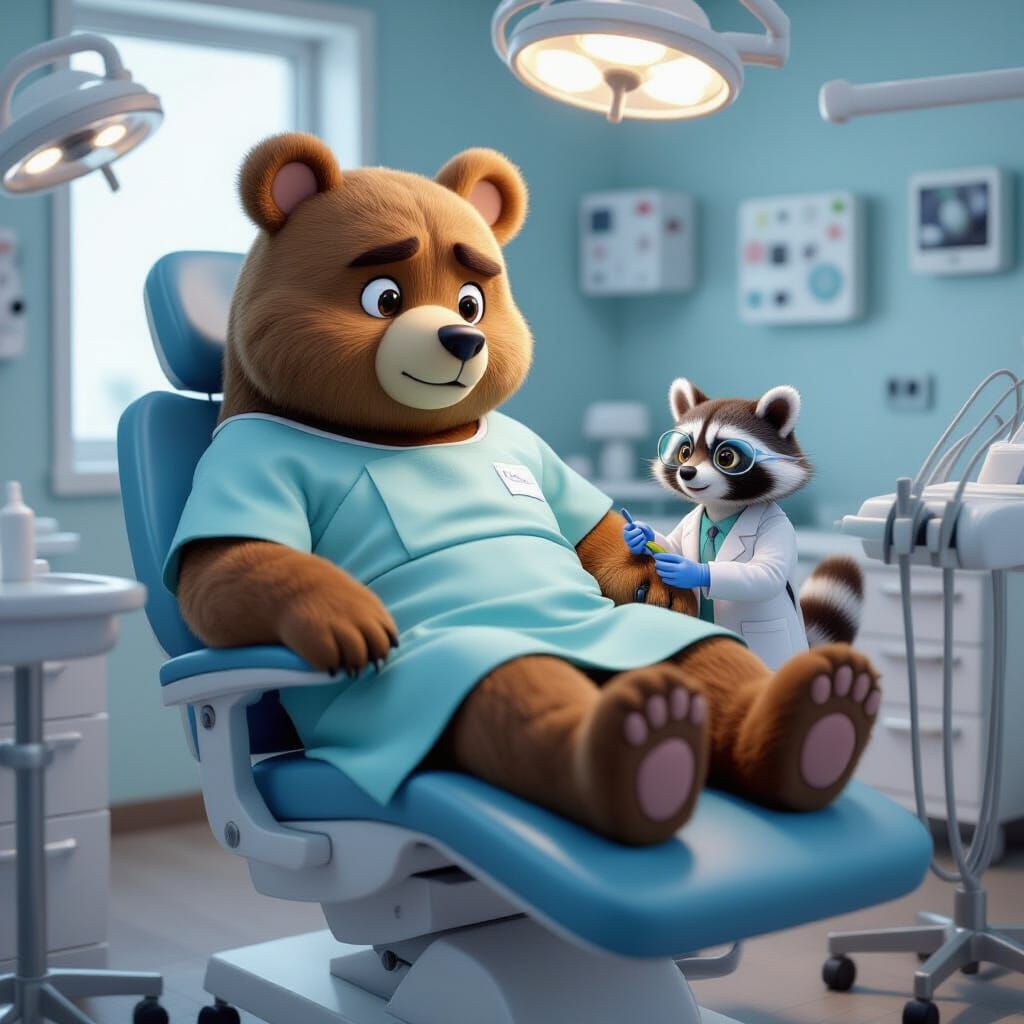 Giant Bear Visits Dentist with Raccoon Doctor