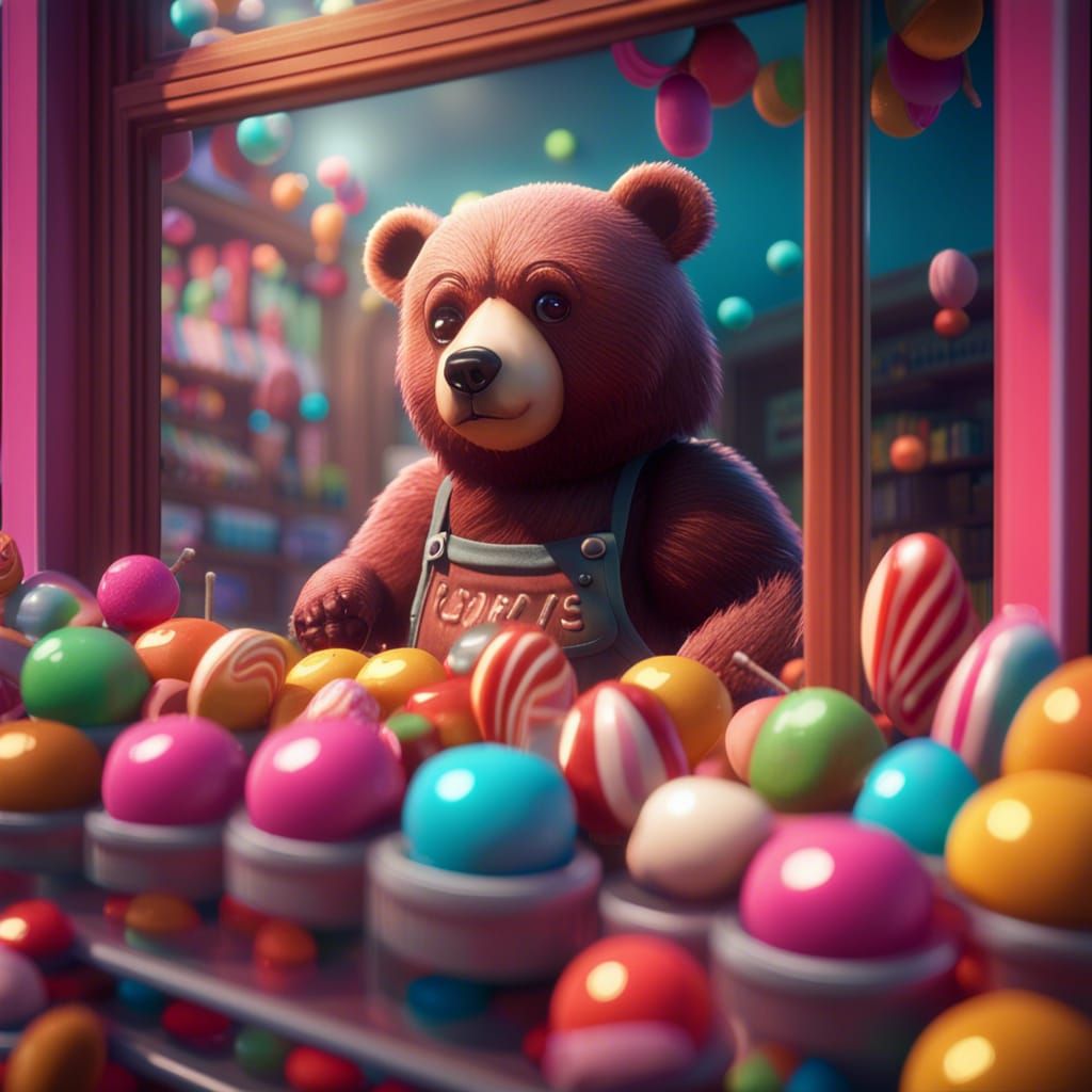 a bear in the window of a colorful candy store  by @Patsy 