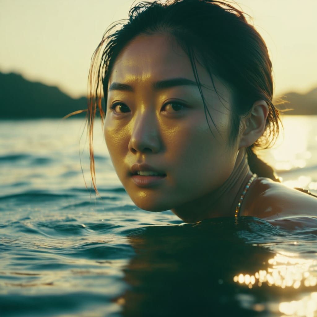 Young Japanese Girl Diving in Cinematic Golden Hour